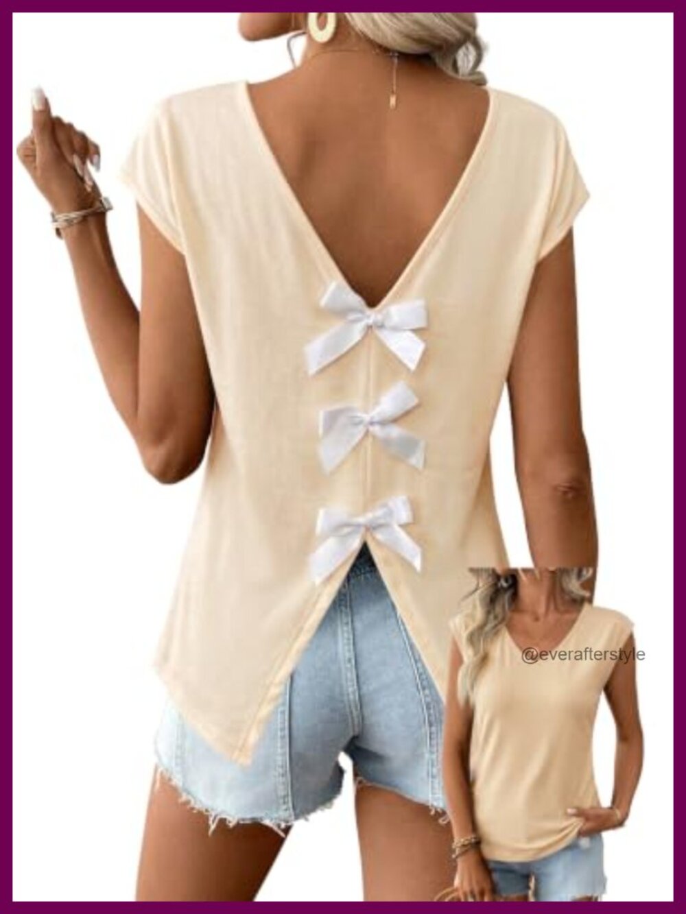 Womens Open Back Bow Tie V Neck Cap Sleeve Summer Top Blouse